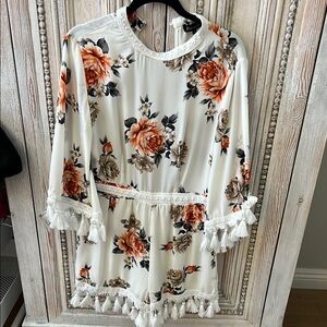 Floral Romper with Tassel Trim